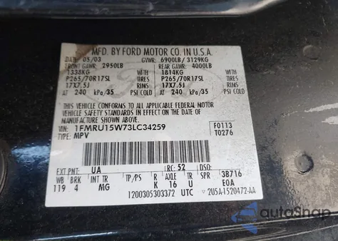 2003 Ford Expedition Xlt z USA, uszkodzony, nr VIN 1FMRU15W73LC34259